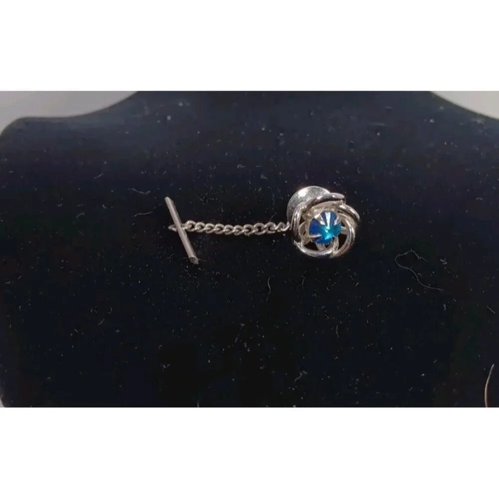 Vintage Tie Pin With Stunning Blue Stone Silver Chain